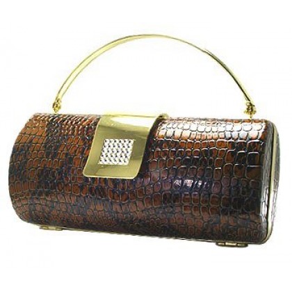 Evening Bag - 12 PCS - Snake Skin Embossed Clutch w/ Swarovski Crystal Accent Closure - Brown - BG-HPR377BR